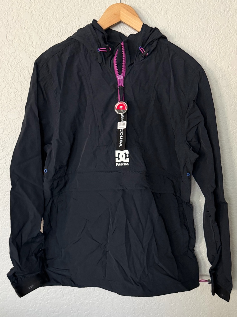 DC Paterson Black Hooded Windbreaker Pullover Jacket in Black w Purple Accents